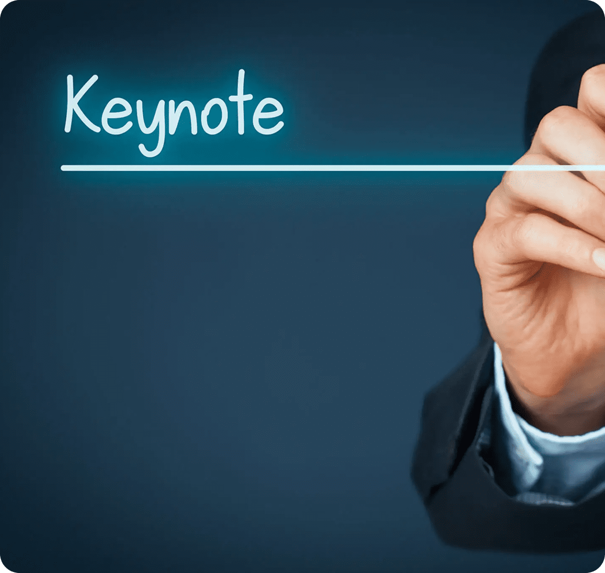 Hand pointing at "Keynote" on screen.