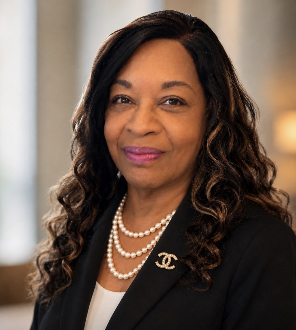 Smiling professional woman wearing blazer and pearls